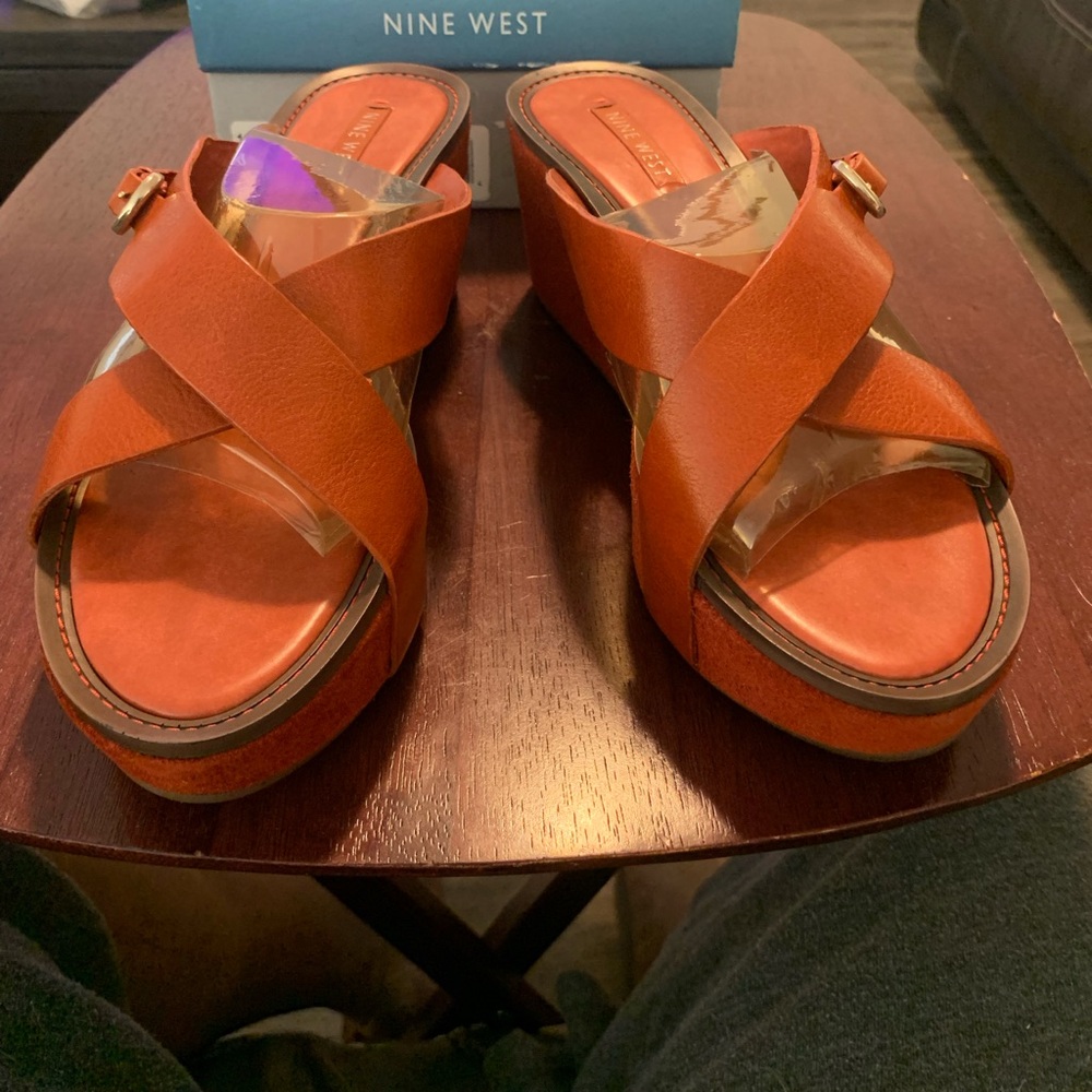 Nine West PT Primo Orange Leather Platform Sandals Size 11